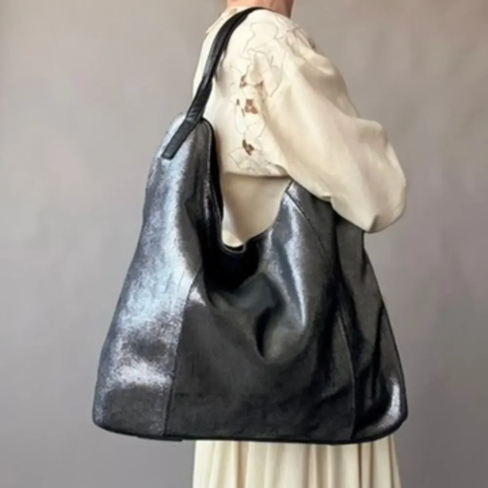 Vintage Sondra Roberts Metallic Pewter Hobo Bag - Oversized
